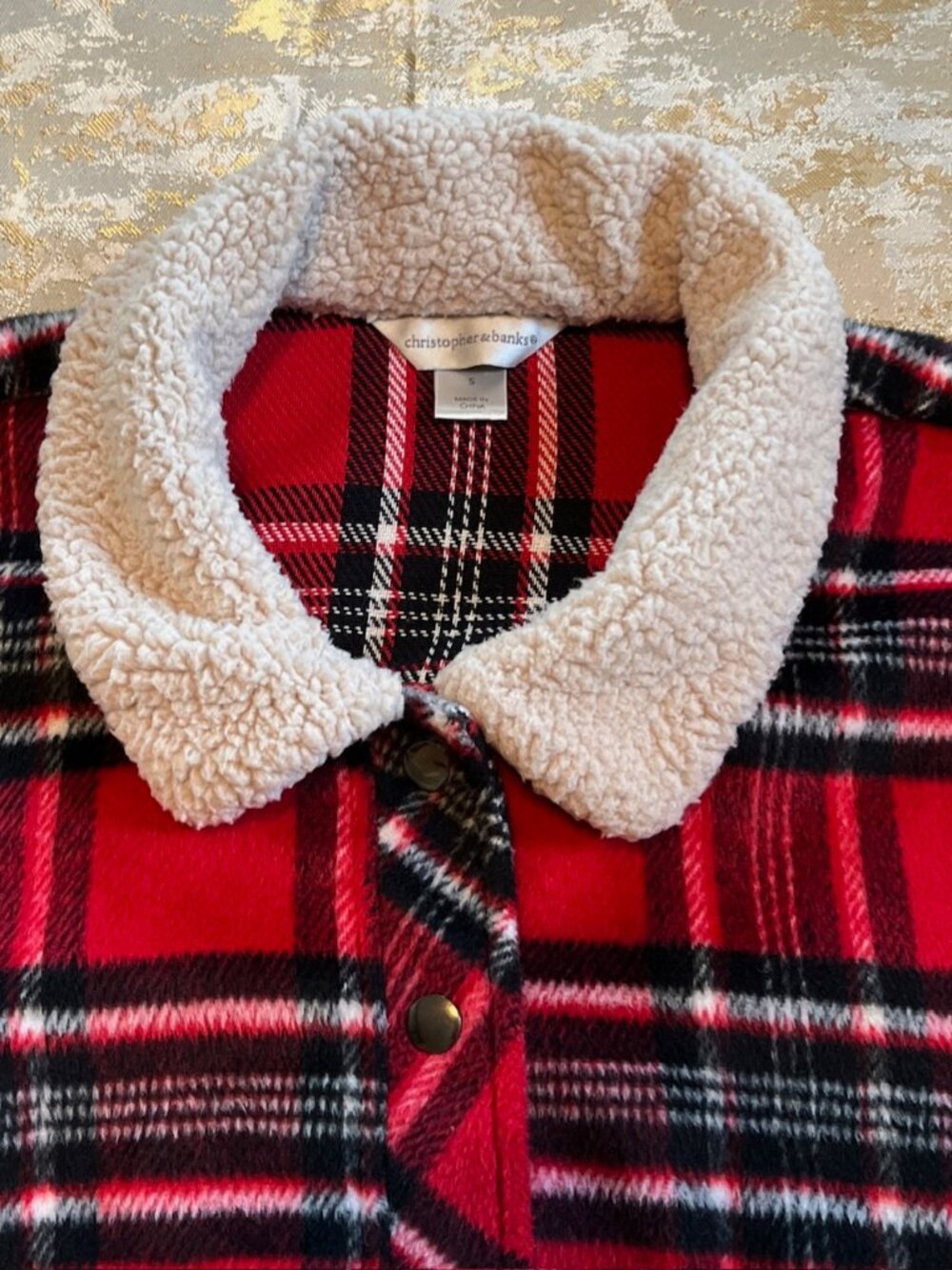 Christopher & Banks Fleece Jacket Womans Small Red Black Plaid Faux Fur Collar - Picture 8 of 15